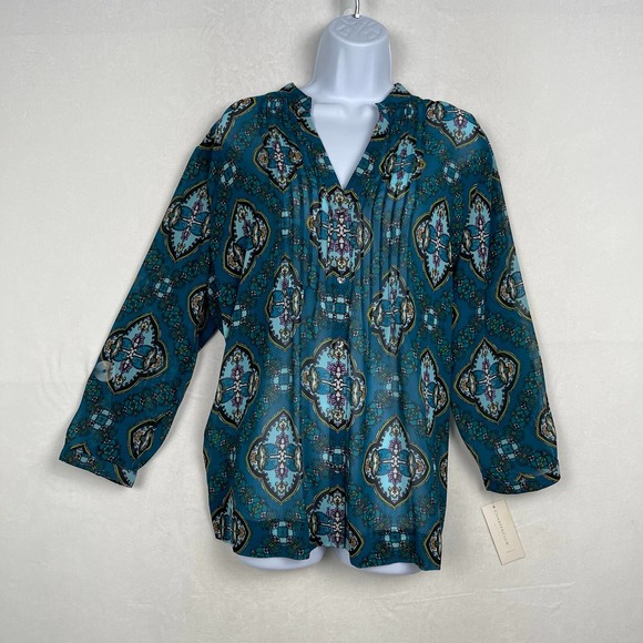 NWT Charter Club Teal V-Neck Button Up Tuxedo Pleated Blouse Tunic Large Petite - Picture 2 of 16